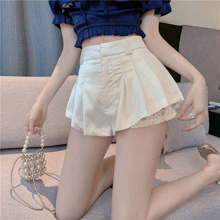 Hot girl lace edge culottes women's autumn new high waist slim temperament super shorts casual all-match short white pants