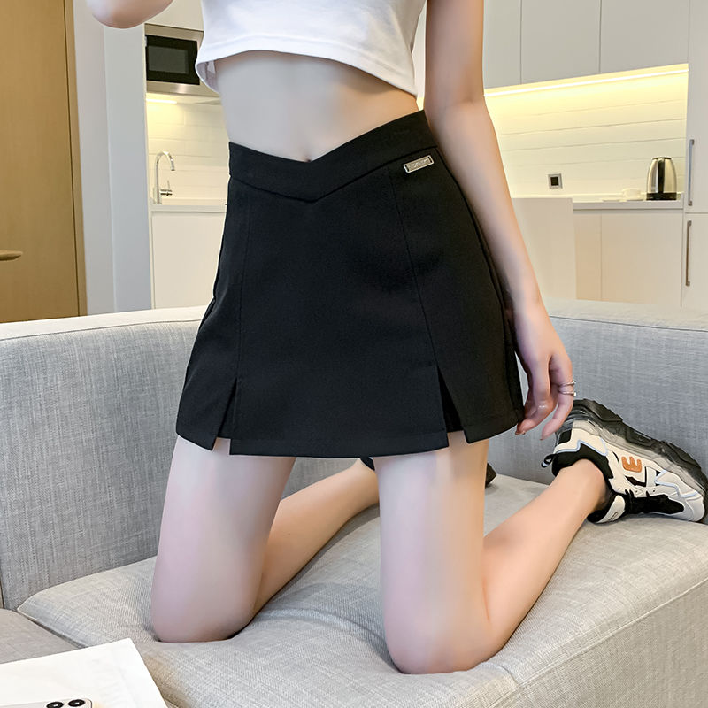 Skirt niche split suit half skirt women's 2023 summer new V-waist black skirt pants suit short skirt A-line skirt