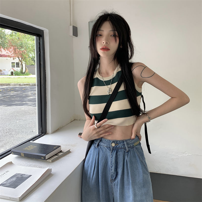 短款修身百搭針織小吊帶背心女夏季甜辣妹內搭打底衫外穿條紋上衣