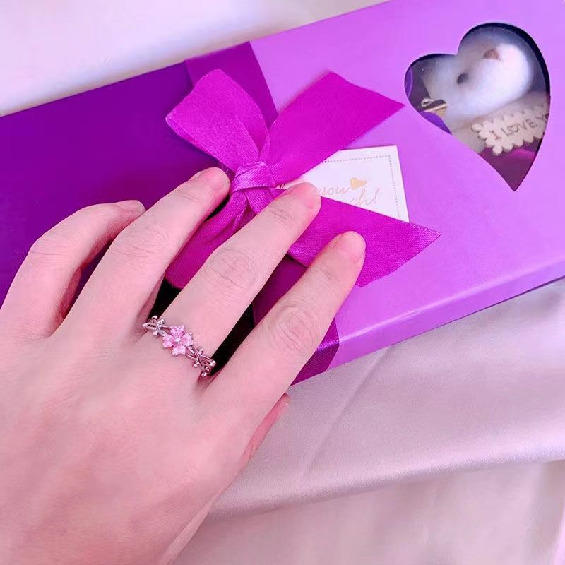 New Trendy Pink Moissanite S925 Silver Adjustable Open For Women Elegant Small Flower Food Ring Fashion_voghion.com