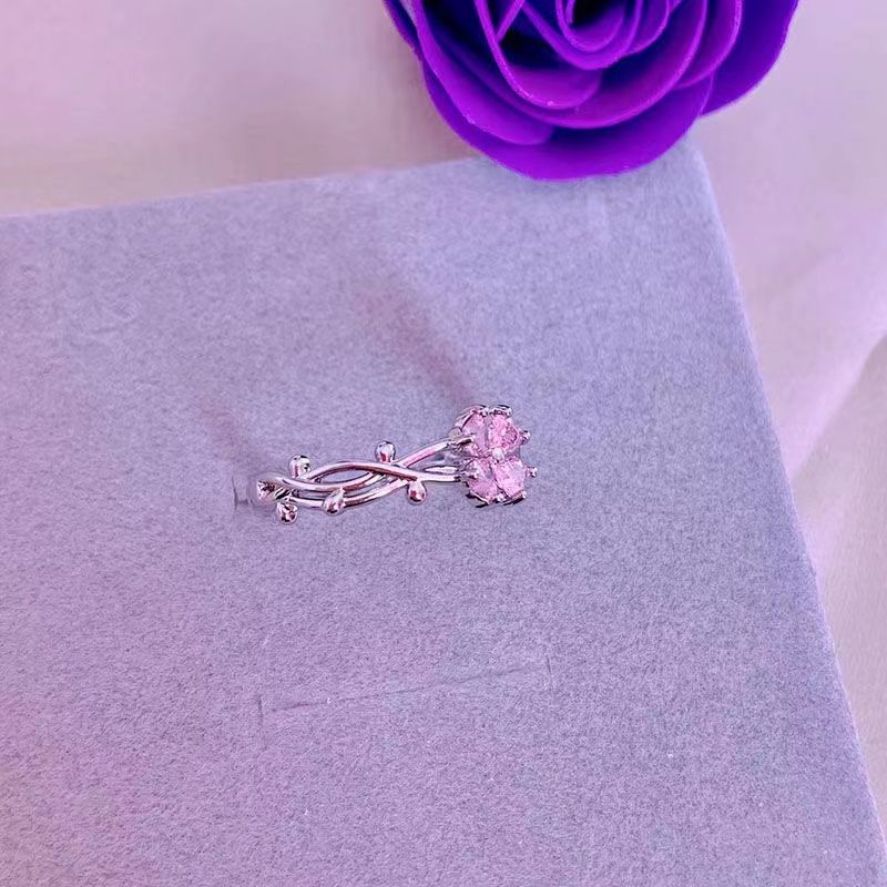 New Trendy Pink Moissanite S925 Silver Adjustable Open For Women Elegant Small Flower Food Ring Fashion_voghion.com