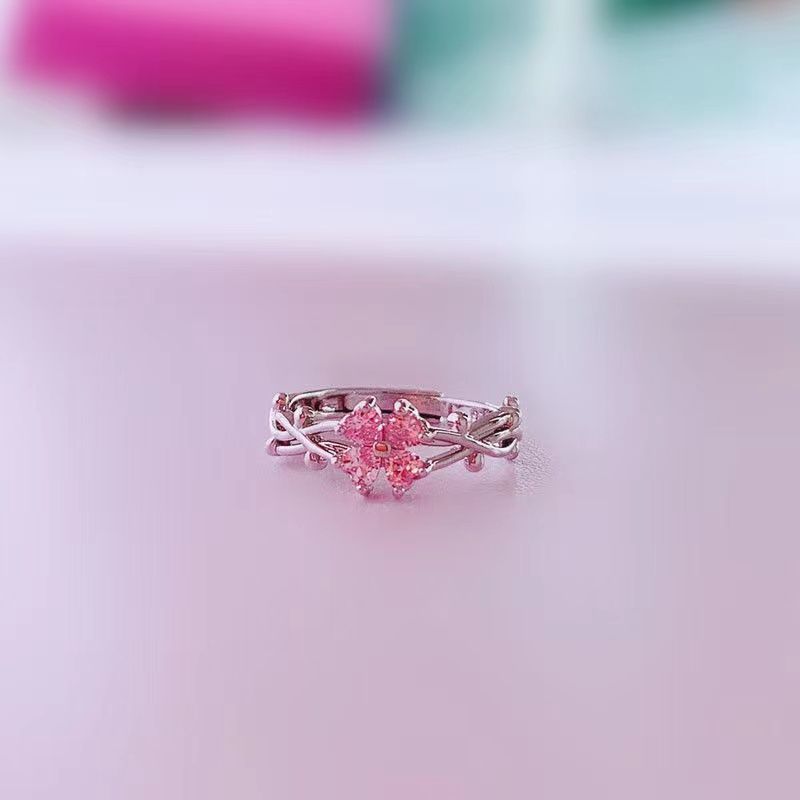 New Trendy Pink Moissanite S925 Silver Adjustable Open For Women Elegant Small Flower Food Ring Fashion_voghion.com