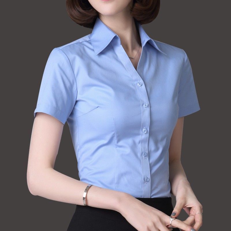 职业蓝色衬衫女夏短袖薄款正装女士前台工装套装工作服白衬衣夏季