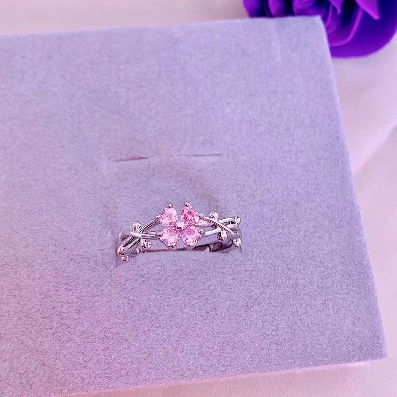 New Trendy Pink Moissanite S925 Silver Adjustable Open For Women Elegant Small Flower Food Ring Fashion_voghion.com