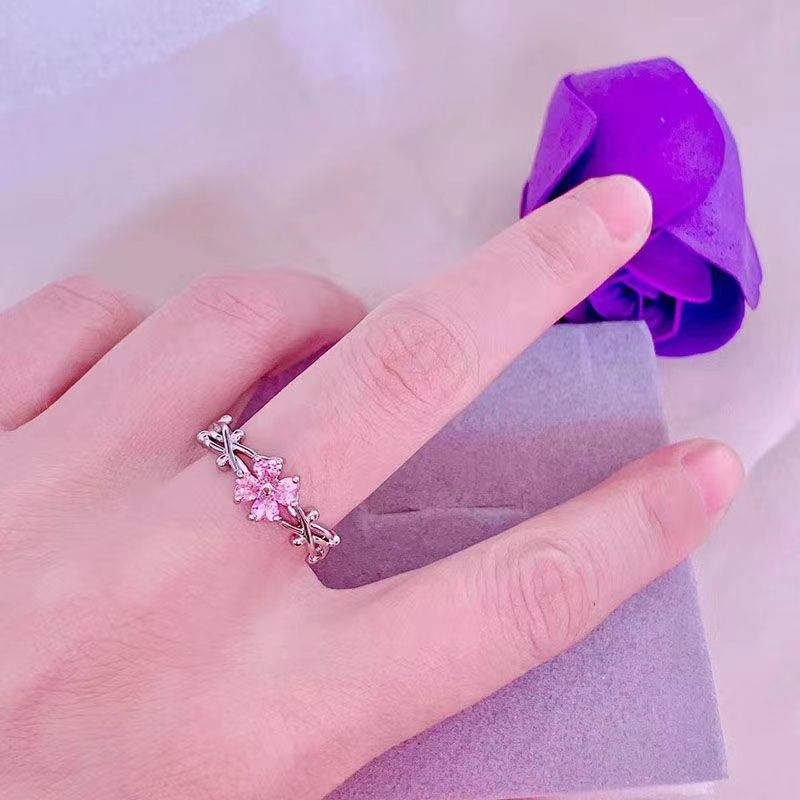 New Trendy Pink Moissanite S925 Silver Adjustable Open For Women Elegant Small Flower Food Ring Fashion_voghion.com