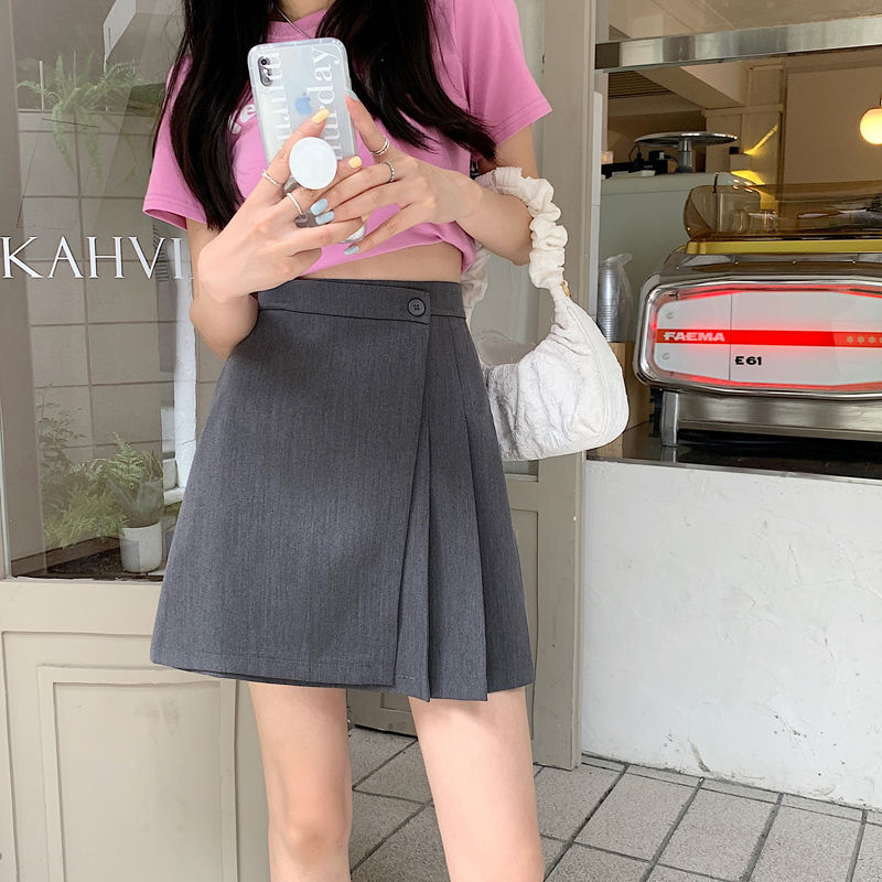 Grey pleated skirt for women in spring , new A-line skirt, high waisted short skirt, small figure temperament skirt