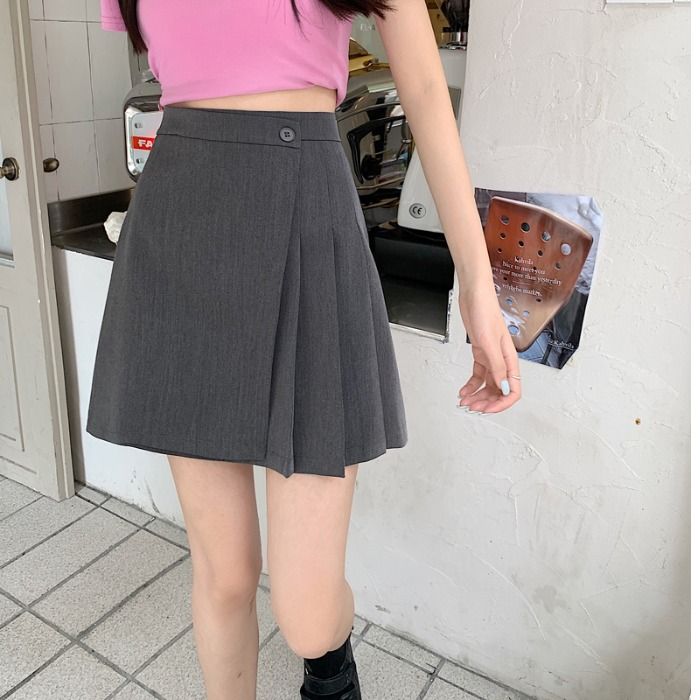 Grey pleated skirt for women in spring , new A-line skirt, high waisted short skirt, small figure temperament skirt