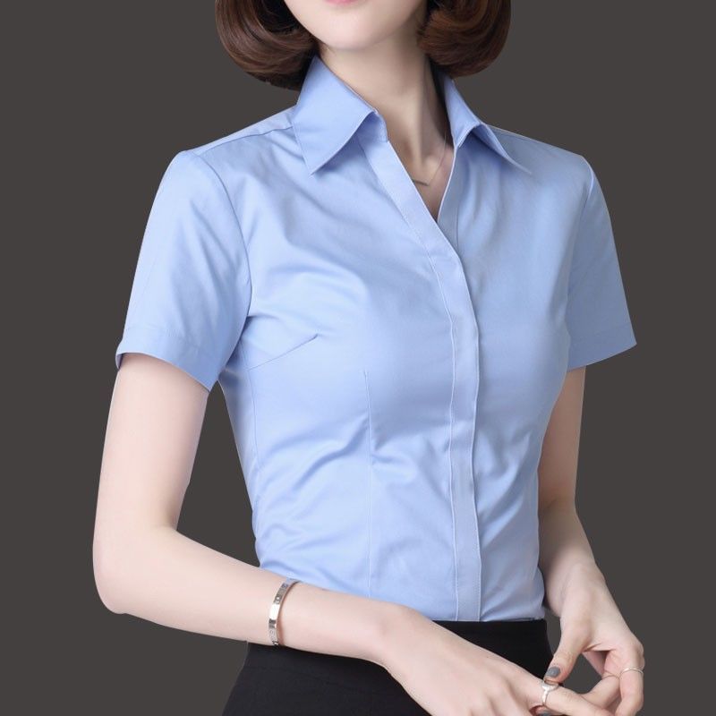 职业蓝色衬衫女夏短袖薄款正装女士前台工装套装工作服白衬衣夏季