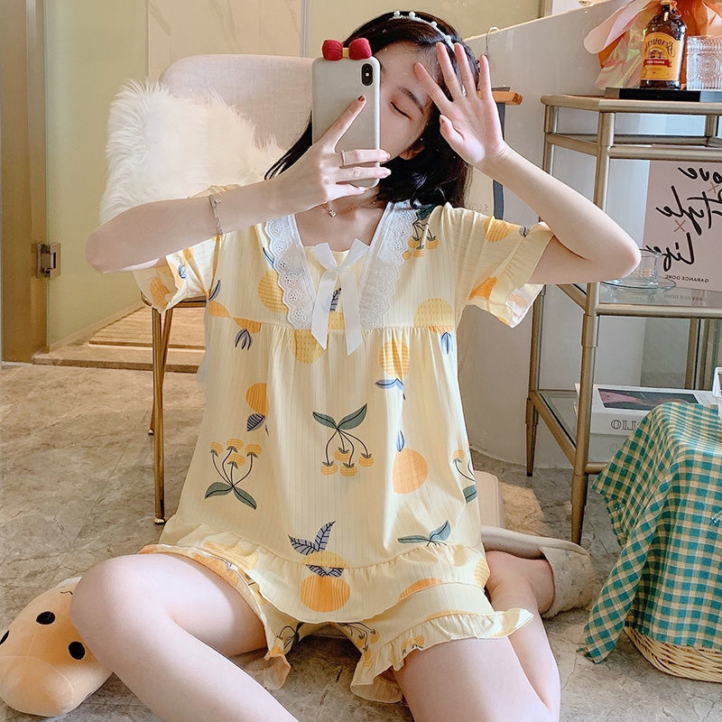 Pajamas women's summer new short-sleeved shorts suit thin two-piece set students cute sweet princess style home service
