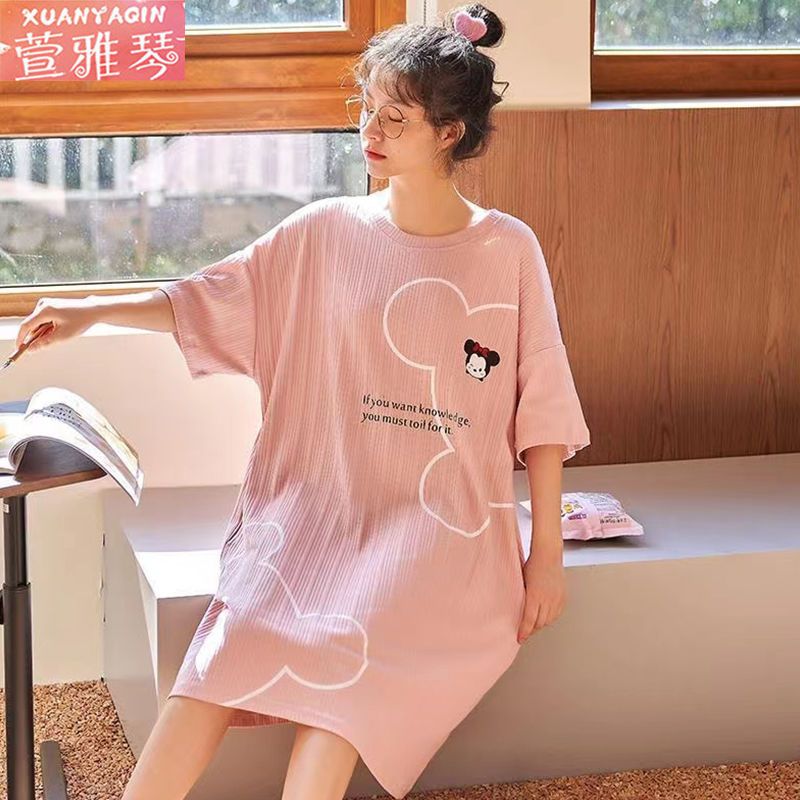 Plus size nightdress female summer short-sleeved cartoon mid-length pajamas student pregnant women can wear pure desire style home service