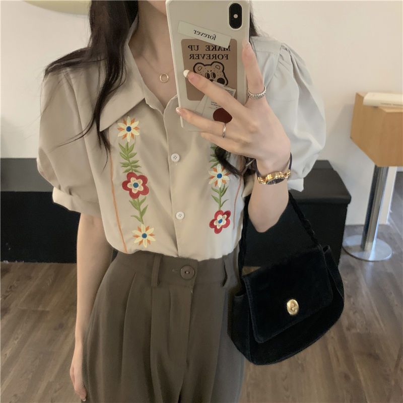2023 Summer New Retro Design Embroidered Flowers Loose Slim Bubble Short-sleeved Shirt Women's Niche Tops