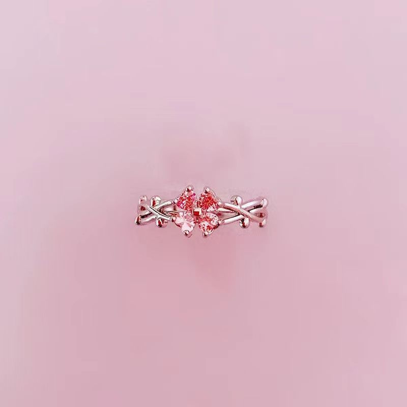 New Trendy Pink Moissanite S925 Silver Adjustable Open For Women Elegant Small Flower Food Ring Fashion_voghion.com
