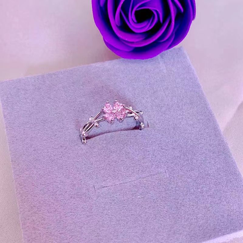 New Trendy Pink Moissanite S925 Silver Adjustable Open For Women Elegant Small Flower Food Ring Fashion_voghion.com