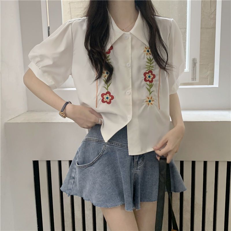 2023 Summer New Retro Design Embroidered Flowers Loose Slim Bubble Short-sleeved Shirt Women's Niche Tops