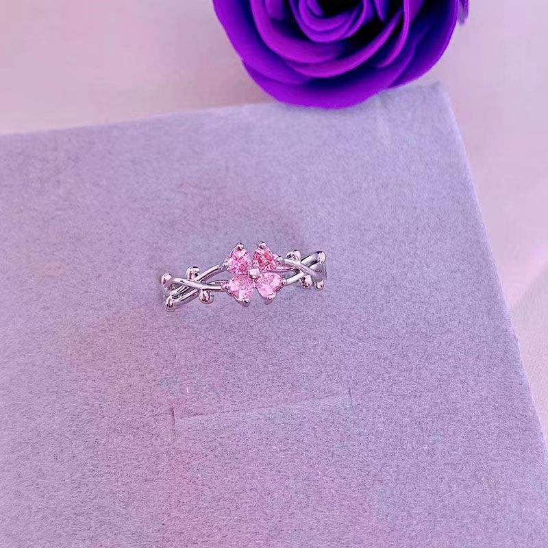 New Trendy Pink Moissanite S925 Silver Adjustable Open For Women Elegant Small Flower Food Ring Fashion_voghion.com