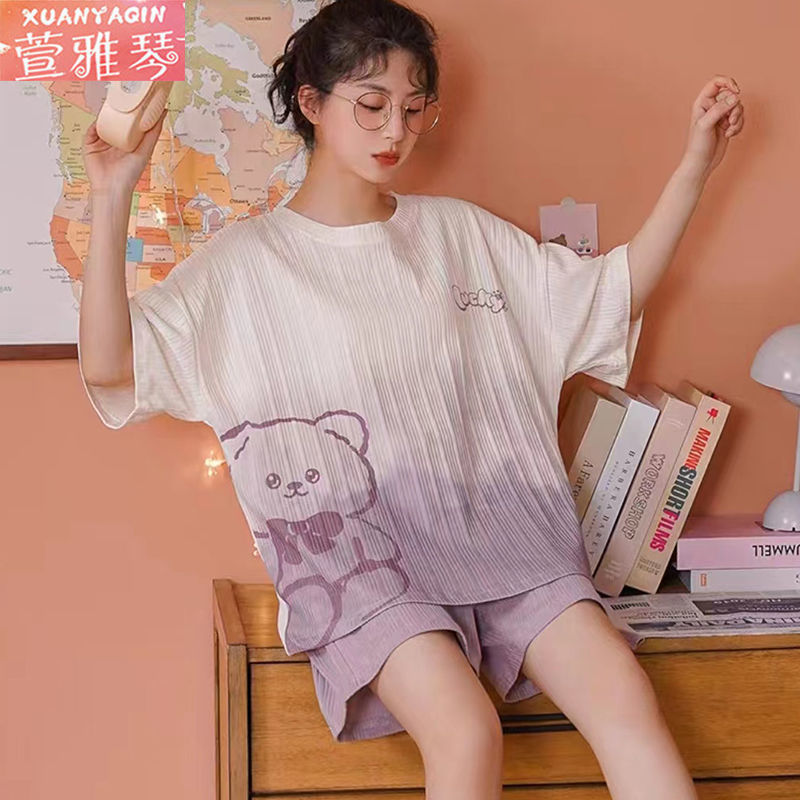 100% double-sided summer pajamas women's summer short-sleeved women's plus size suit simple cartoon princess style home service