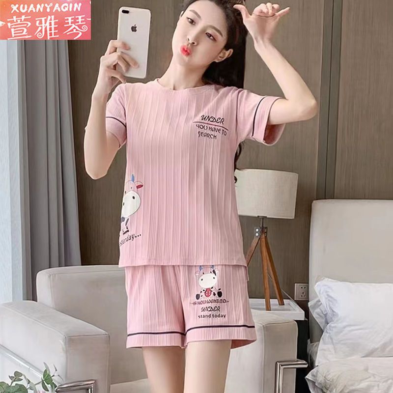 Plus size pajamas women's summer short-sleeved 100% double-sided solid color ladies home clothes Korean version cute cartoon girlfriends suit