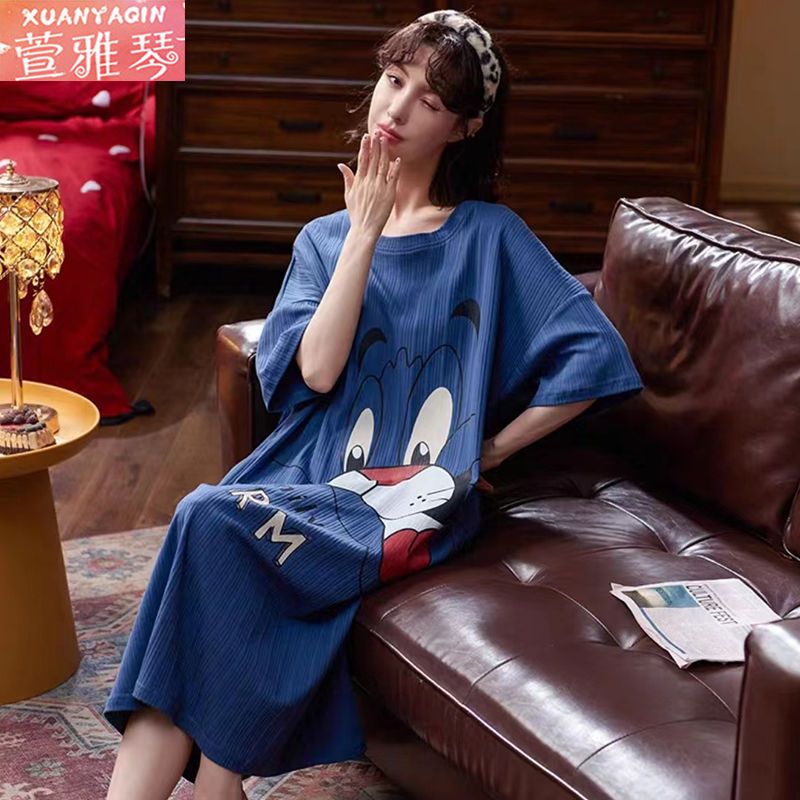 Plus size nightdress female summer short-sleeved cartoon mid-length pajamas student pregnant women can wear pure desire style home service
