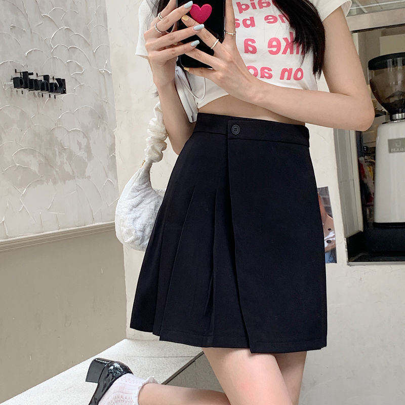 Grey pleated skirt for women in spring , new A-line skirt, high waisted short skirt, small figure temperament skirt