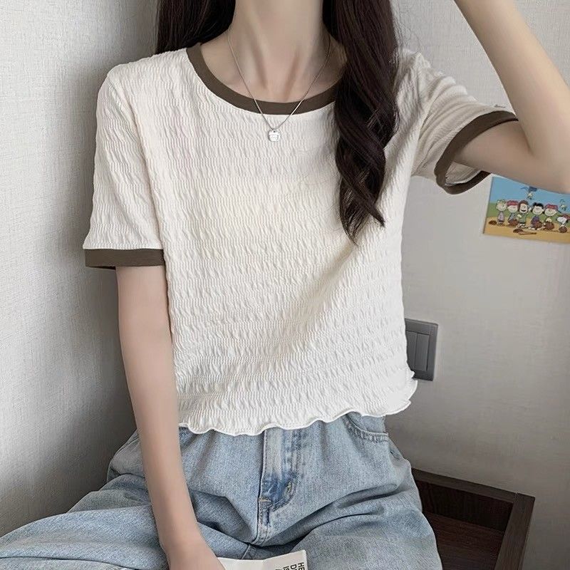 Short-sleeved front-shoulder t-shirt women's summer French niche fungus edge unique thin and chic chiffon shirt top women's short