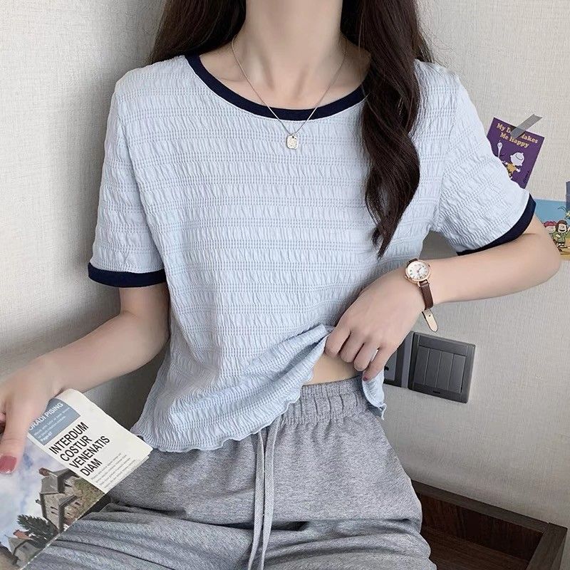 Short-sleeved front-shoulder t-shirt women's summer French niche fungus edge unique thin and chic chiffon shirt top women's short