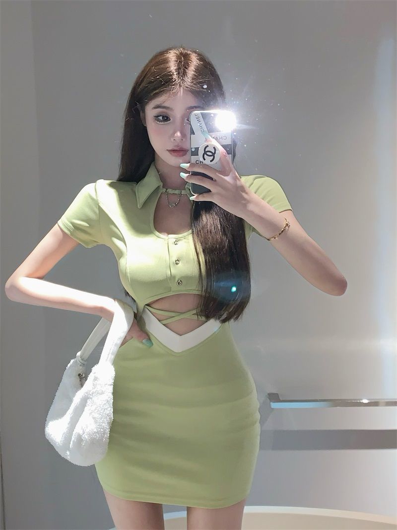 顯腿長辣妹鏤空polo領連衣裙女2022夏季新款純欲緊身收腰包臀裙子