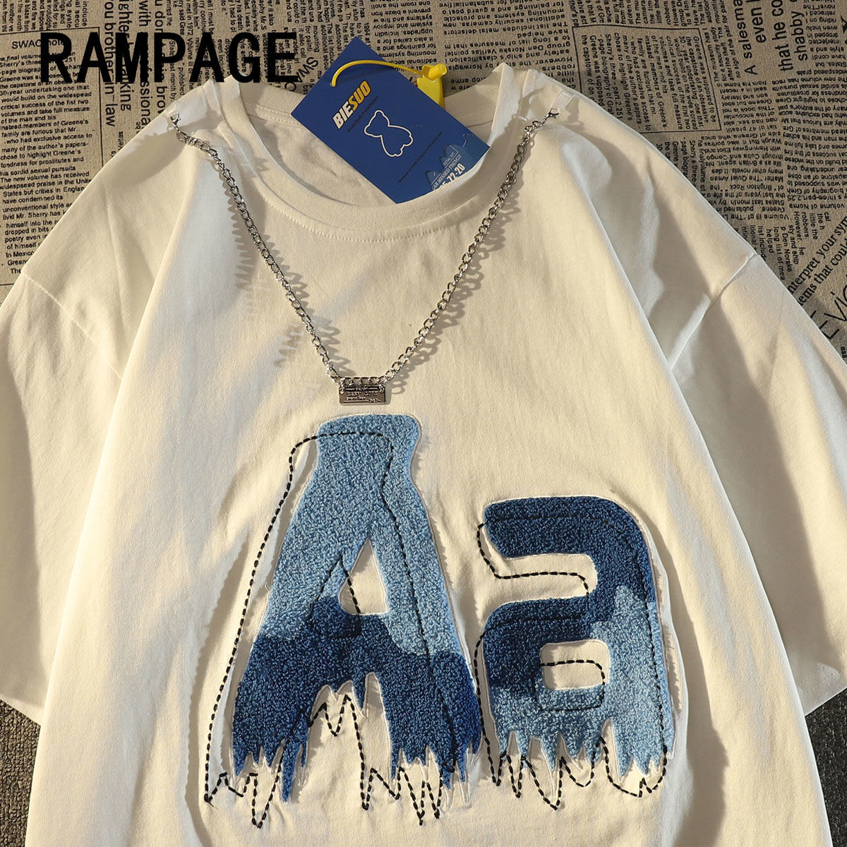 RAMPAGE100%純棉夏季港風字母刺繡鏈條短袖男寬鬆潮流慵懶風T恤