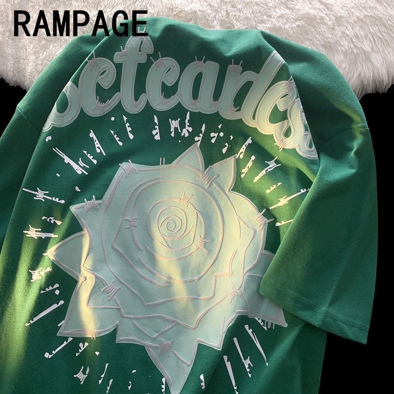 RAMPAGE100%純棉夏季美式街頭玫瑰印花短袖t恤男ins港風寬鬆體恤