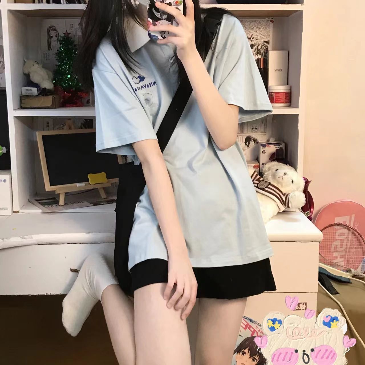 100% can't afford the ball polo collar short-sleeved t-shirt women's summer Japanese loose college style niche design top ins