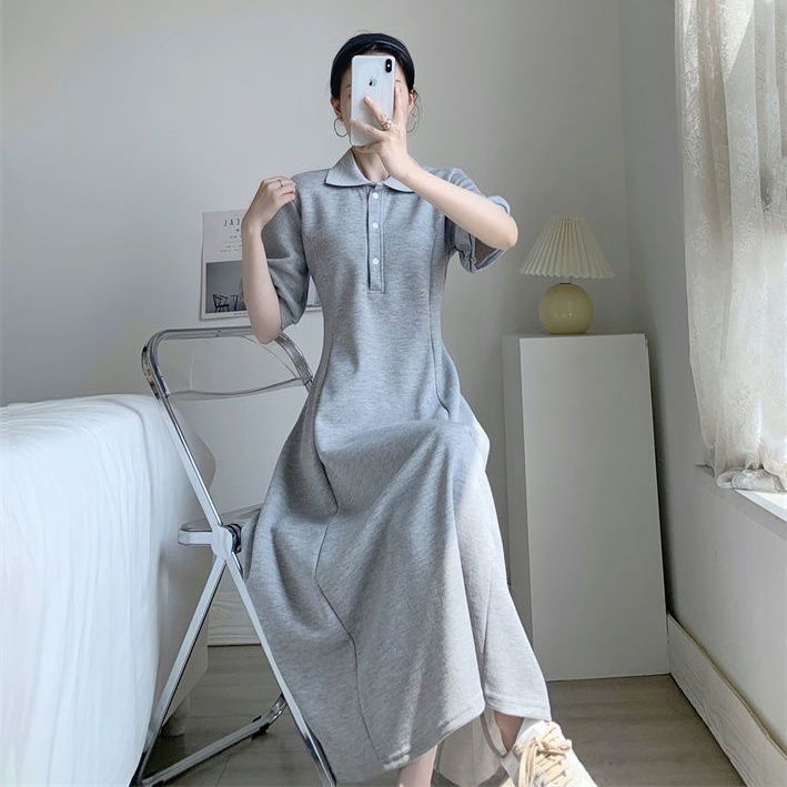 High-end gray short-sleeved dress women's summer new POLO collar loose slim and gentle temperament long skirt ins