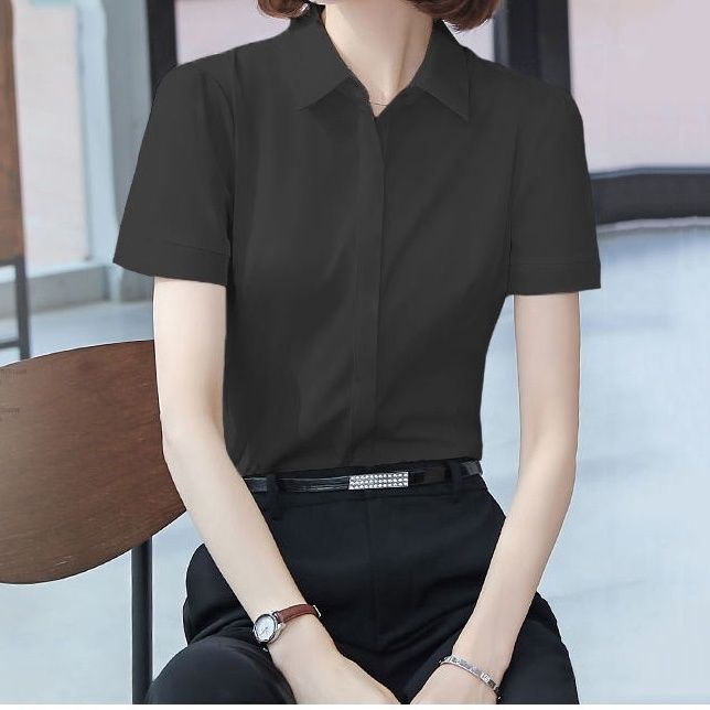 summer new blue professional shirt female short-sleeved chiffon anti-wrinkle design workwear white shirt temperament