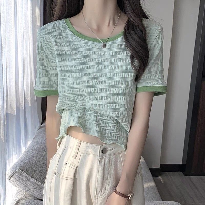 Short-sleeved front-shoulder t-shirt women's summer French niche fungus edge unique thin and chic chiffon shirt top women's short