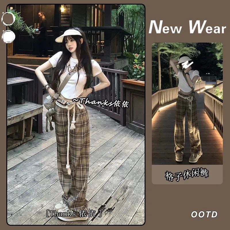 兩件套裝/單件韓系辣妹不規則T恤上衣夏季短袖襯衣+格子休閒長褲