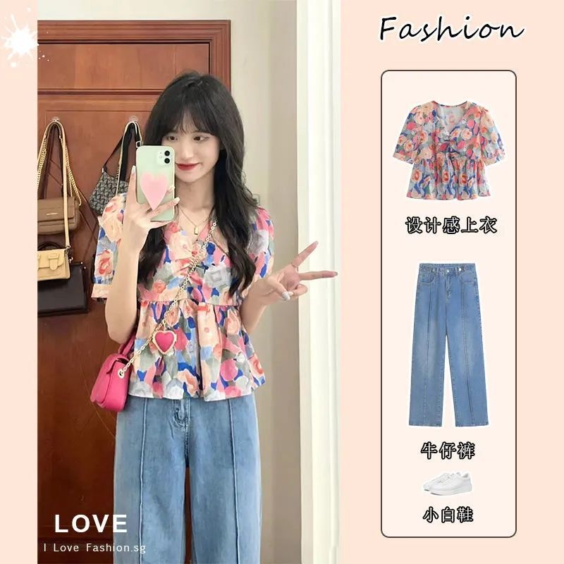 兩件套裝/單件夏季新款碎花襯衫短袖上衣女寬鬆輕奢牛仔闊腿褲子