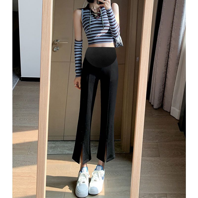 Pregnant women's trousers nine-point micro-la summer thin section outerwear spring and summer slit casual bell-bottomed trousers women's summer small summer dress