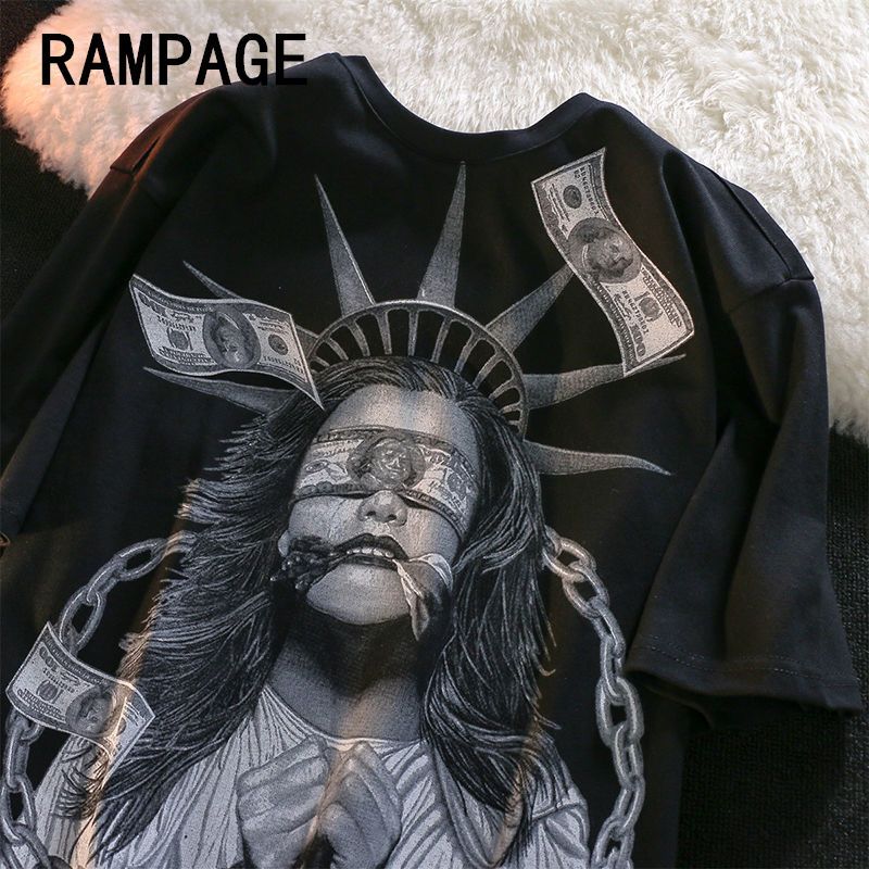 RAMPAGE100%純棉歐美復古人像印花短袖t恤男夏季寬鬆ins港風上衣
