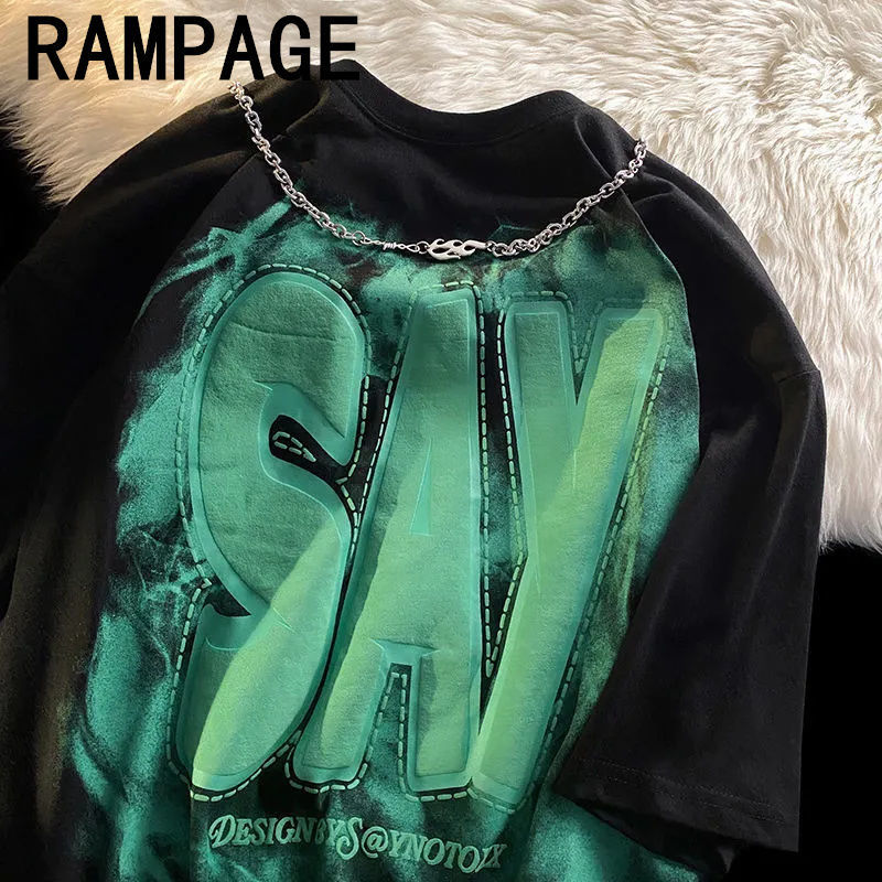 RAMPAGE100%純棉國潮牌扎染字母鏈條短袖t恤男夏寬鬆港風炸街上衣