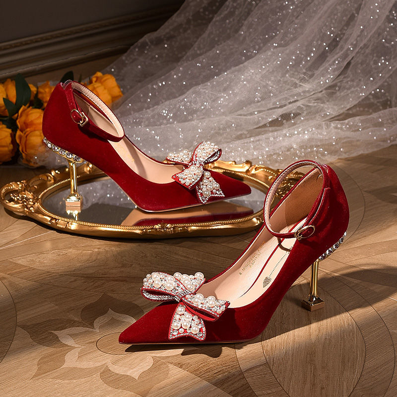 定制真皮婚鞋秀禾新娘鞋新款水晶中式红色绑带高跟鞋女不累脚