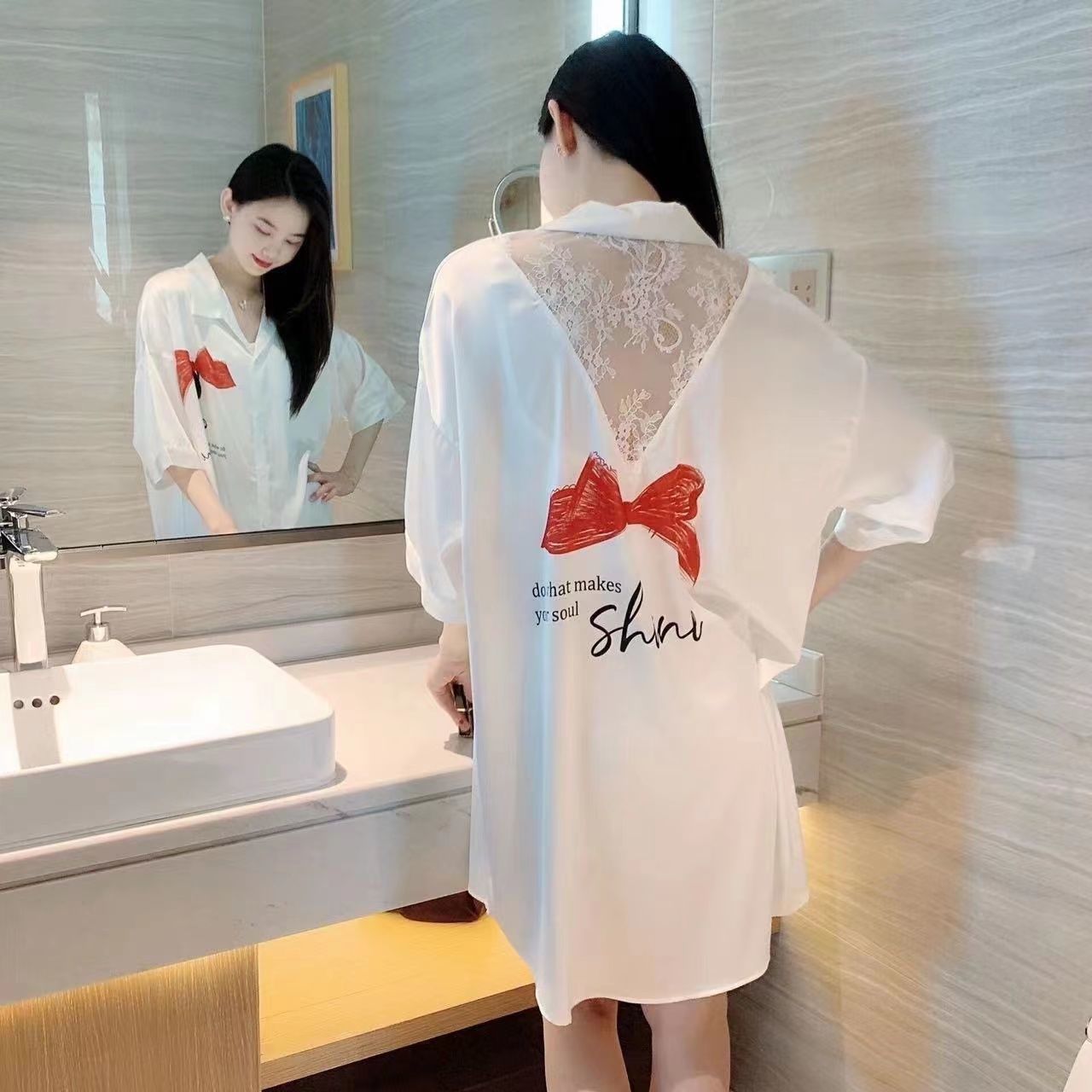 2023 new nightdress women's summer ice silk thin sexy white shirt mid-length summer net red pajamas