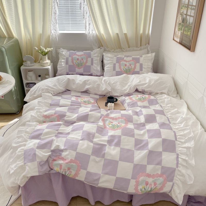 Korean pure cotton four-piece set princess wind ins bed skirt style cotton 100 bedding bed sheet quilt cover three-piece set female