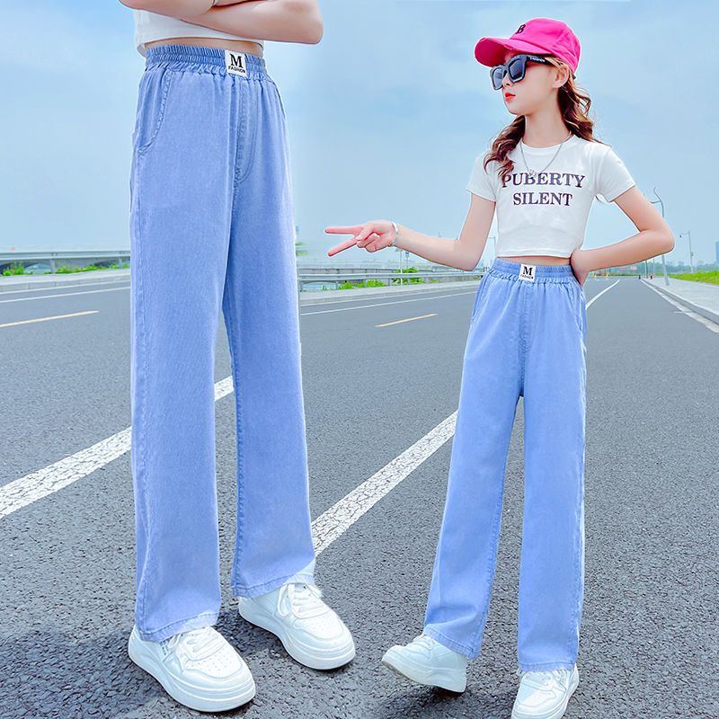 女童天絲牛仔褲薄款2023夏季新款寬鬆洋氣休閒褲兒童中大童闊腿褲