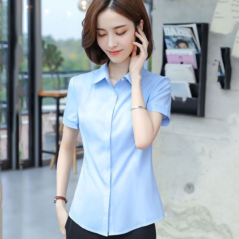  summer new blue professional shirt female short-sleeved chiffon anti-wrinkle design workwear white shirt temperament