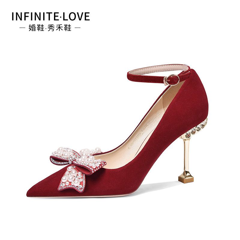 定制真皮婚鞋秀禾新娘鞋新款水晶中式红色绑带高跟鞋女不累脚