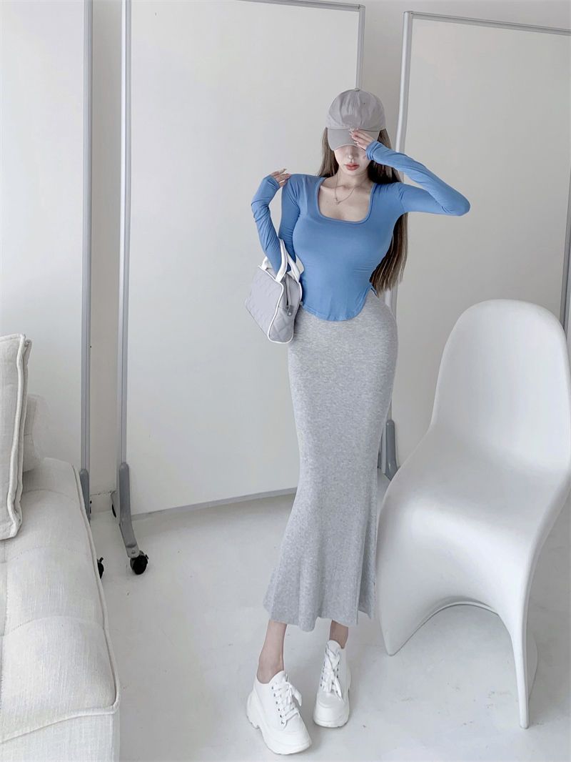 Pure desire wind suit summer Korean style royal sister sexy wind female slim slim long-sleeved T-shirt + fishtail skirt suspender skirt