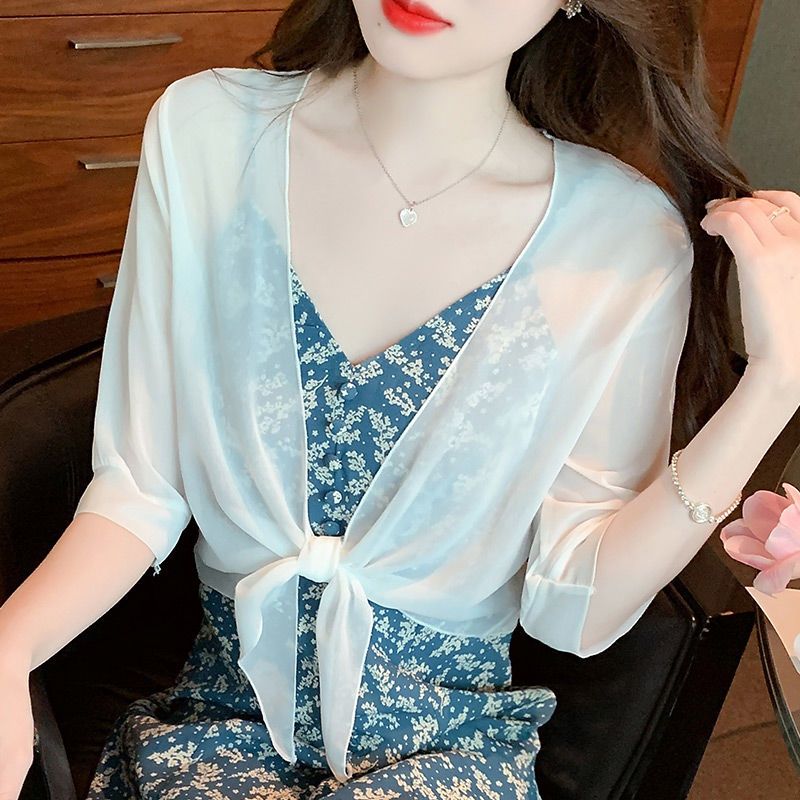 Small shawl with suspender skirt, summer short sun protection clothing for women, versatile chiffon air-conditioning cardigan thin jacket