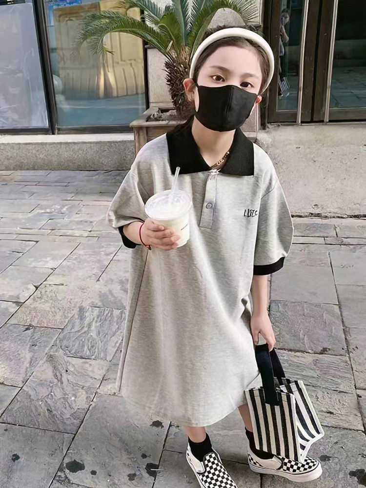 Korean girls cotton T-shirt polo skirt 2023 summer children's clothing short-sleeved ins college wind skirt children's dress