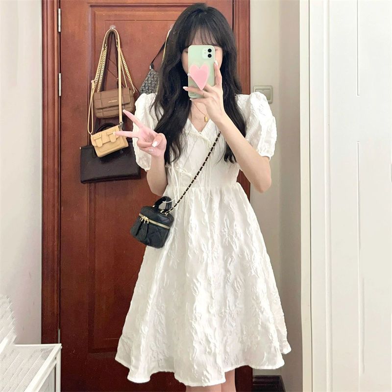 法式初戀小白裙V領蝴蝶結連衣裙女學生夏季韓版氣質中長款a字裙子