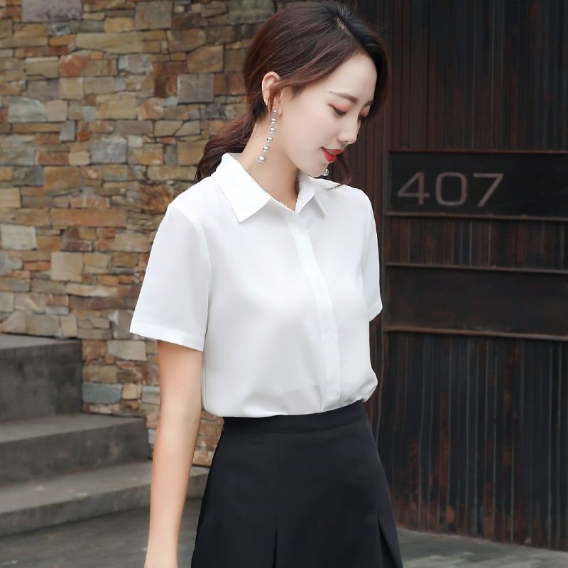 Chiffon shirt female professional summer white work clothes short-sleeved slim Korean top new interview shirt opaque