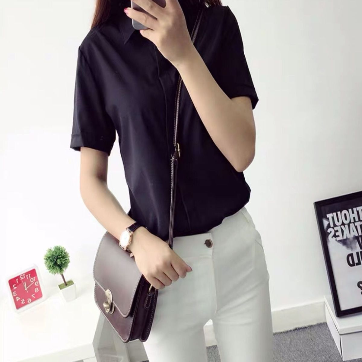White shirt women's summer short-sleeved business wear Korean version of self-cultivation casual all-match large size tooling chiffon shirt ol top