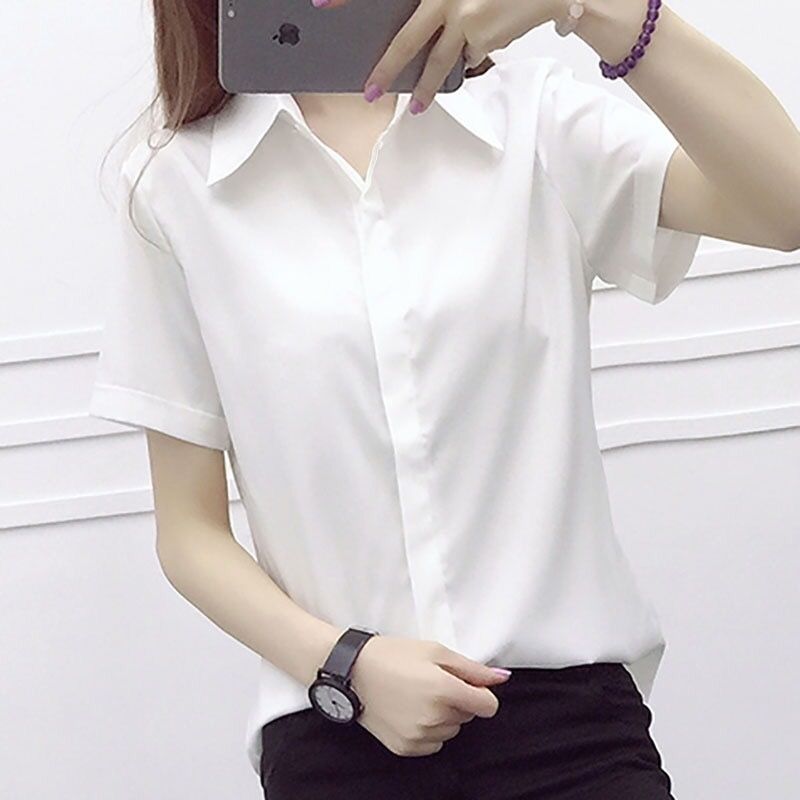 White shirt women's summer short-sleeved business wear Korean version of self-cultivation casual all-match large size tooling chiffon shirt ol top